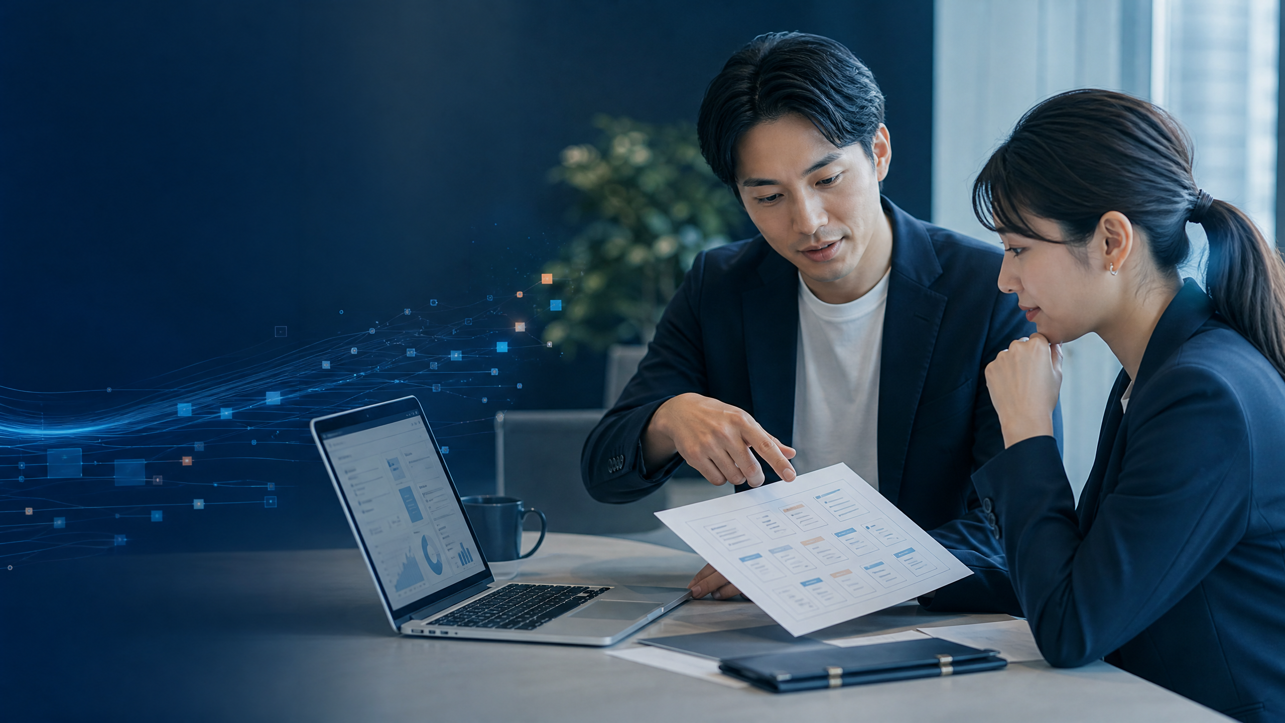 月次のコンテンツテーマを確認する日本人ビジネスパーソンのミーティング